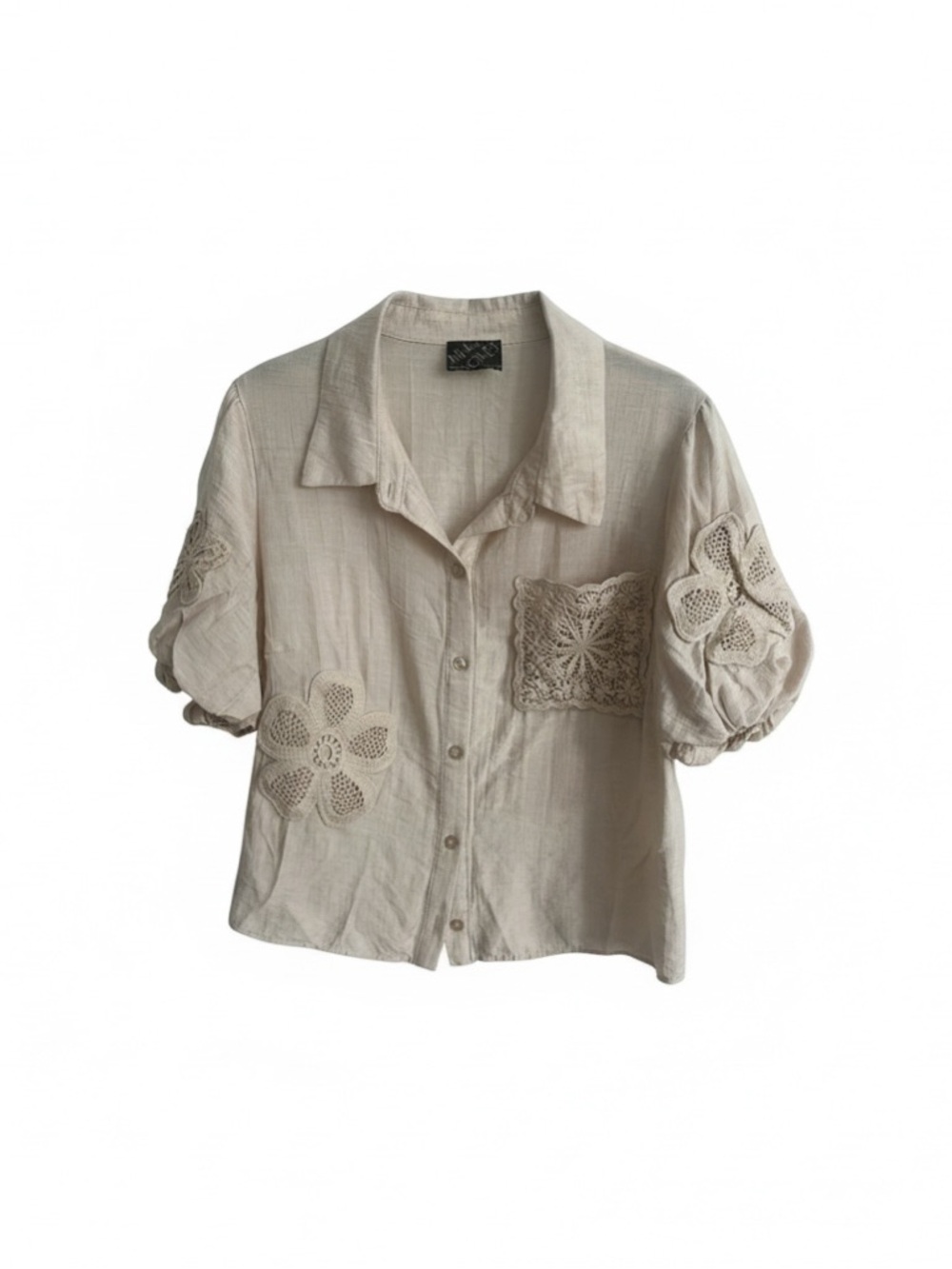 Neutral Crochet-Patch Button-Down Blouse